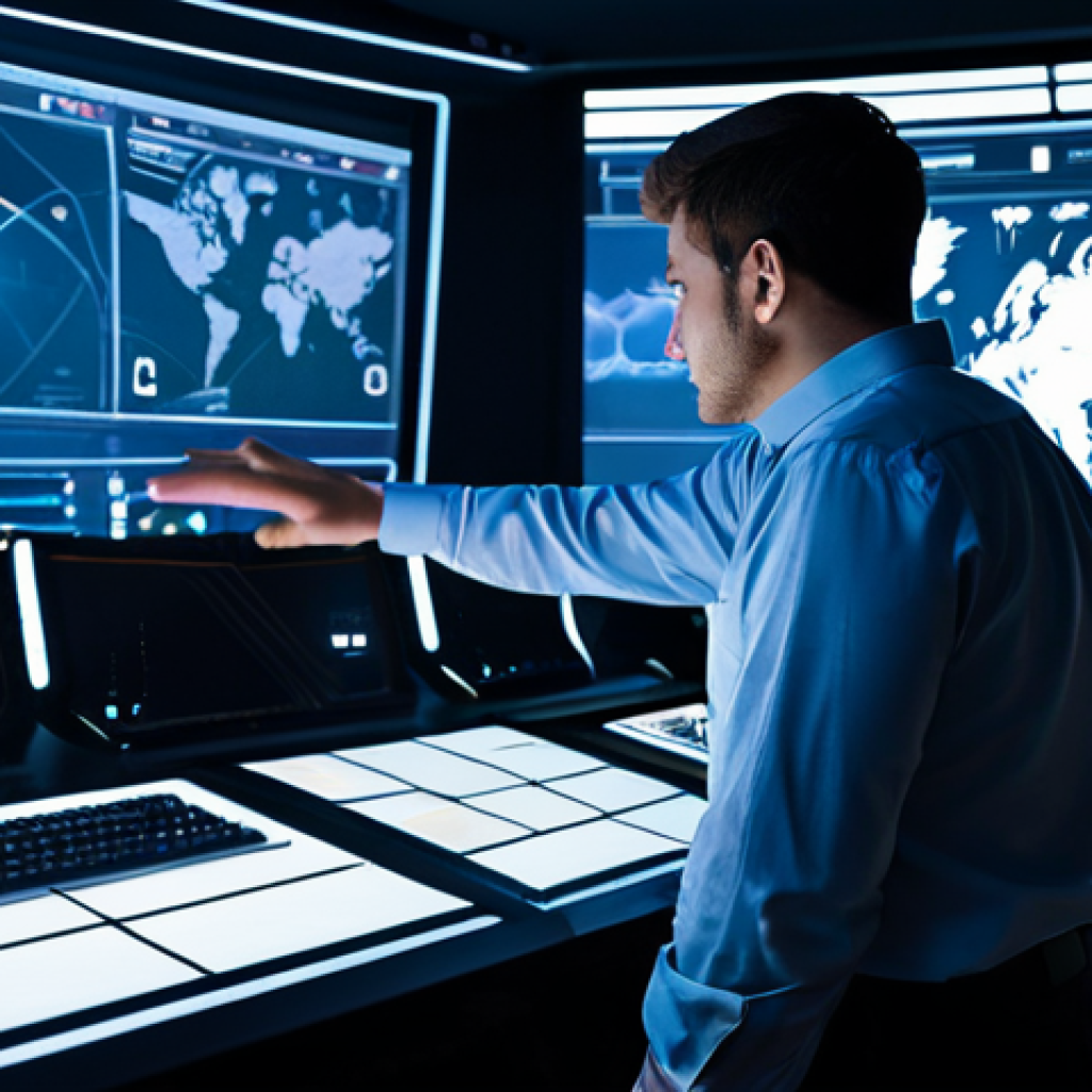 A focused adult professional game administrator, viewed from a slight angle, wearing a modest, clean-cut, professional button-up shirt and dark trousers. Standing in a high-tech esports control room, with multiple large, futuristic translucent screens displaying abstract, non-violent game customization interfaces and schematic map outlines in the background. The lighting is cool and ambient, highlighting the advanced technology. One hand is gently resting on a large, sleek control panel, indicating thoughtful engagement and mastery. The expression is one of concentration and calm authority. professional photography, cinematic lighting, sharp focus, perfect anatomy, correct proportions, natural pose, well-formed hands, proper finger count, natural body proportions, high resolution, ultra-detailed, safe for work, appropriate content, fully clothed, professional, modest.