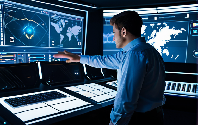A focused adult professional game administrator, viewed from a slight angle, wearing a modest, clean-cut, professional button-up shirt and dark trousers. Standing in a high-tech esports control room, with multiple large, futuristic translucent screens displaying abstract, non-violent game customization interfaces and schematic map outlines in the background. The lighting is cool and ambient, highlighting the advanced technology. One hand is gently resting on a large, sleek control panel, indicating thoughtful engagement and mastery. The expression is one of concentration and calm authority. professional photography, cinematic lighting, sharp focus, perfect anatomy, correct proportions, natural pose, well-formed hands, proper finger count, natural body proportions, high resolution, ultra-detailed, safe for work, appropriate content, fully clothed, professional, modest.