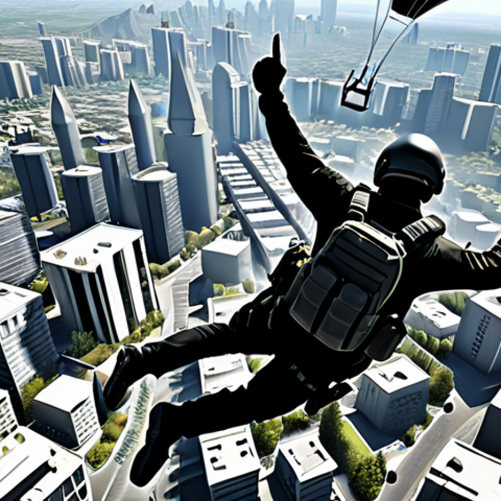 Strategic City Drop** "A fully clothed player wearing tactical gear parachuting towards a detailed, realistic cityscape with various buildings, safe for work, appropriate content, professional. The sky is filled with other parachutes. Perfect anatomy, correct proportions, natural pose, well-formed hands, proper finger count, natural body proportions. Clear, bright daylight, high resolution, professional photography." **