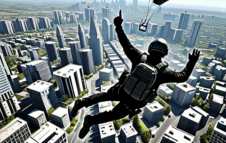 Strategic City Drop** "A fully clothed player wearing tactical gear parachuting towards a detailed, realistic cityscape with various buildings, safe for work, appropriate content, professional. The sky is filled with other parachutes. Perfect anatomy, correct proportions, natural pose, well-formed hands, proper finger count, natural body proportions. Clear, bright daylight, high resolution, professional photography." **