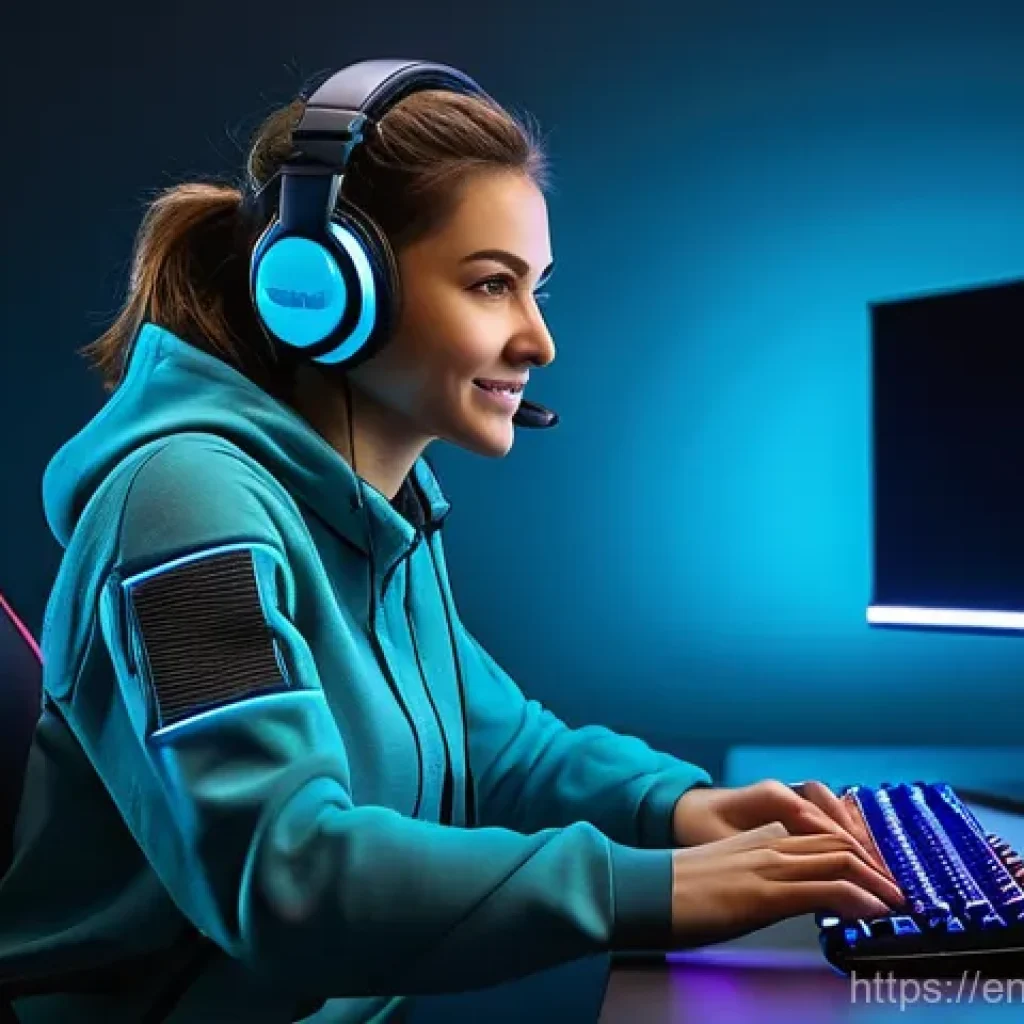 배틀그라운드 FPS 향상 비법 - **High-Performance Gaming Victory:** A dynamic, medium shot of a focused female gamer, aged late 20s...