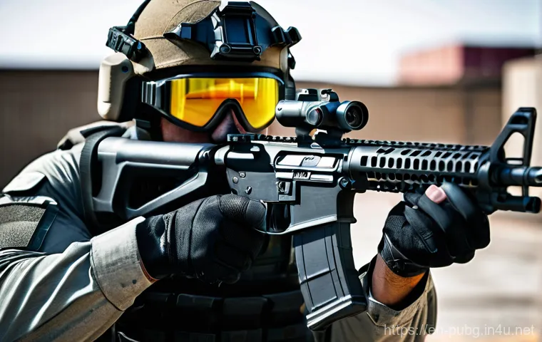 배틀그라운드 파츠 장착 효과 - A highly detailed close-up of a customized M416 assault rifle held by a focused male player in tacti...