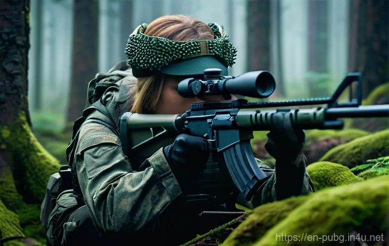 배틀그라운드 파츠 장착 효과 - A highly detailed close-up of a customized M416 assault rifle held by a focused male player in tacti...