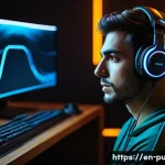 배틀그라운드 적 위치 추적법 - A focused male gamer in his late 20s, wearing a high-end, futuristic gaming headset with glowing acc...