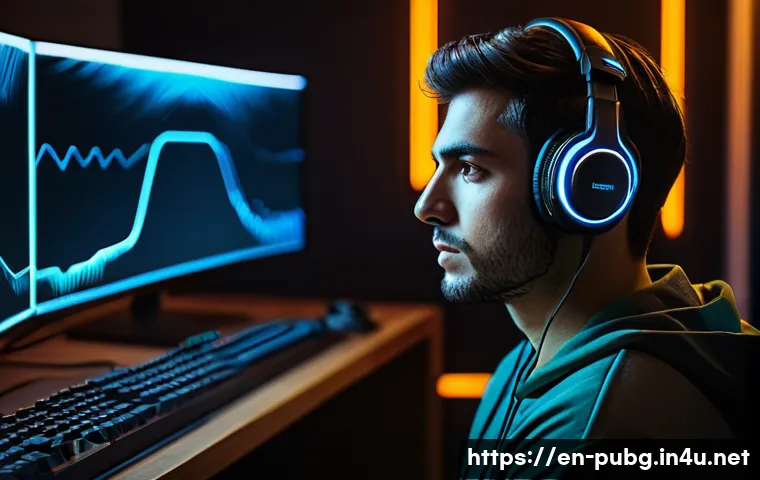 배틀그라운드 적 위치 추적법 - A focused male gamer in his late 20s, wearing a high-end, futuristic gaming headset with glowing acc...