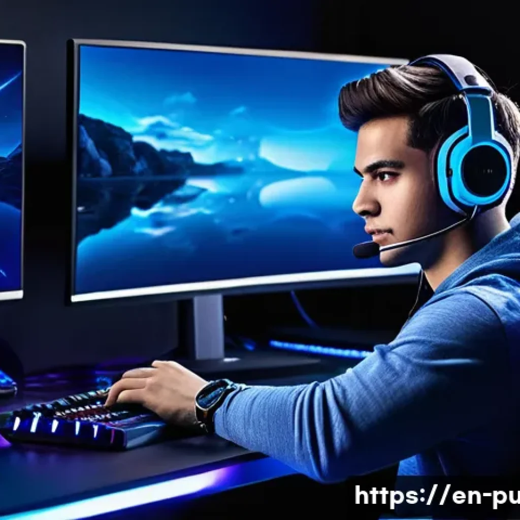 배틀그라운드 VPN 사용 이점 - A dynamic esports gaming setup featuring a focused young adult male gamer wearing a sleek headset an...