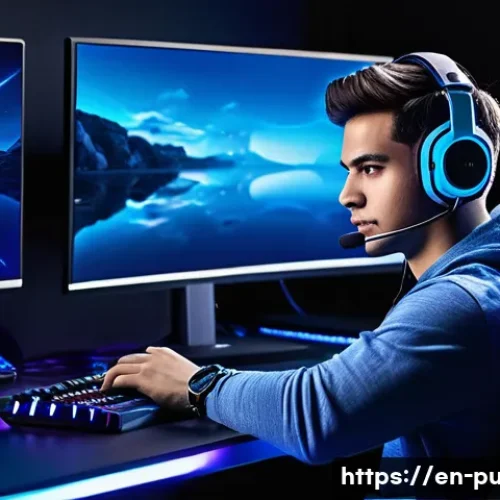 배틀그라운드 VPN 사용 이점 - A dynamic esports gaming setup featuring a focused young adult male gamer wearing a sleek headset an...
