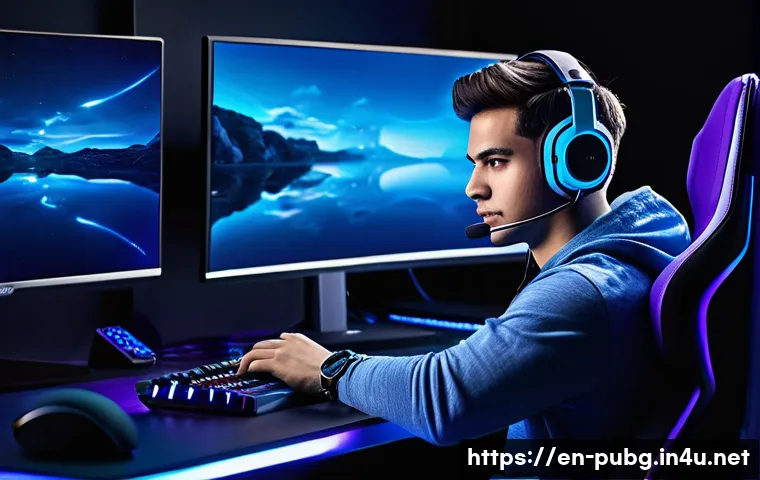 배틀그라운드 VPN 사용 이점 - A dynamic esports gaming setup featuring a focused young adult male gamer wearing a sleek headset an...