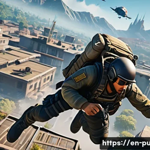 배틀그라운드 솔로 랭크 생존법 - A skilled solo player parachuting rapidly from a plane over a detailed battle royale map, aiming for...