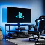 배틀그라운드 플레이스테이션 실행법 - A modern gaming setup featuring a sleek PlayStation 5 console on a stylish black TV stand, a large 4...
