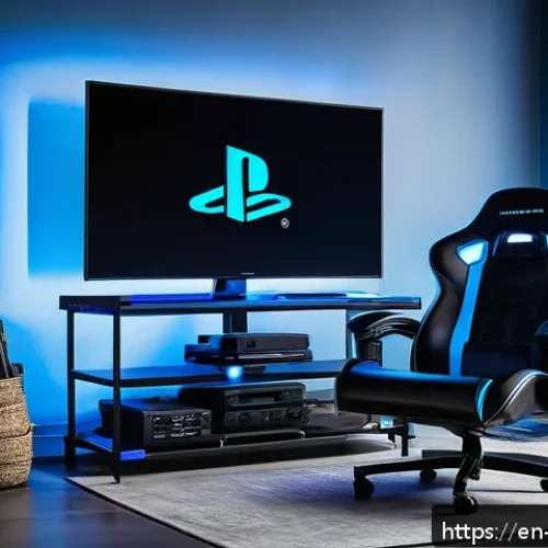 배틀그라운드 플레이스테이션 실행법 - A modern gaming setup featuring a sleek PlayStation 5 console on a stylish black TV stand, a large 4...