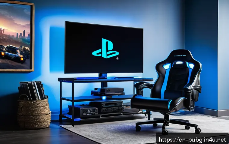 배틀그라운드 플레이스테이션 실행법 - A modern gaming setup featuring a sleek PlayStation 5 console on a stylish black TV stand, a large 4...