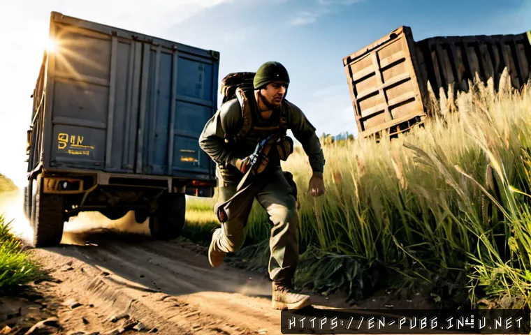 Home 17 배틀그라운드 속도 기반 탈출 전략 - Photorealistic battle royale escape scene, an adult tactical survivor sprinting from a shrinking sto...