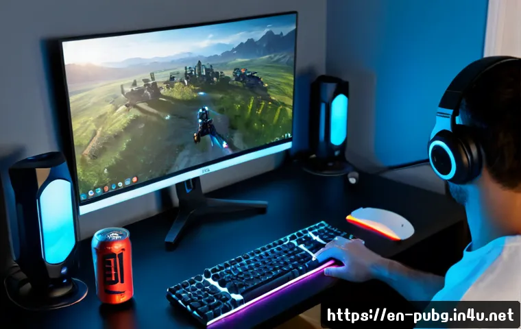 Home 17 배틀그라운드 북미 서버 플레이 팁 - Photorealistic evening gaming setup in a comfortable North American home office, focused adult playe...
