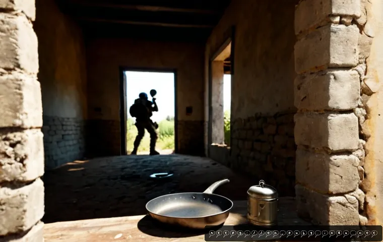 배틀그라운드 근접 무기 활용법 - Photorealistic battle royale game scene, over-the-shoulder view of a fully clothed tactical player u...