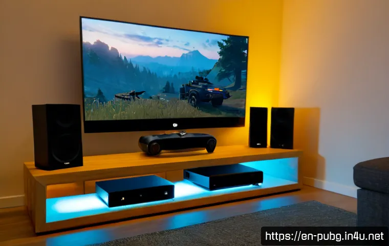 Home 17 배틀그라운드 Xbox 최적화 설정 - Photorealistic modern living room gaming setup, an Xbox-style game console and controller on a clean...